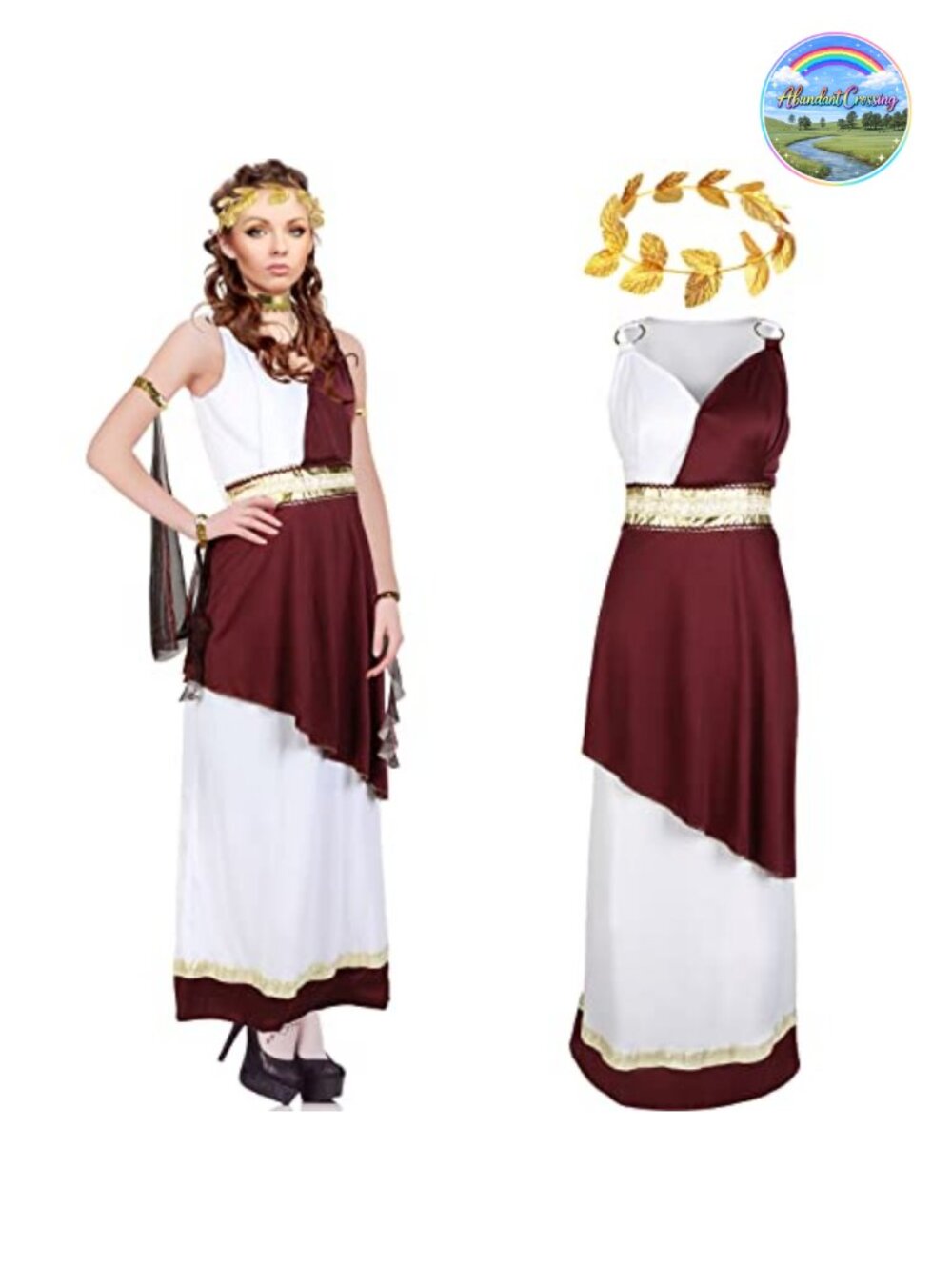 Greek Goddess Costume Set Polyester Toga Dress Necklace Arm Bands Crown